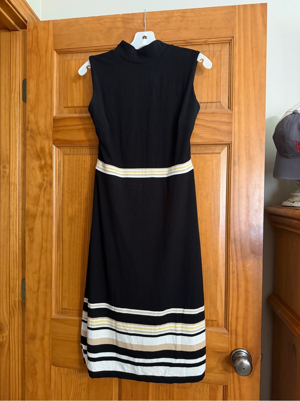 Black Sleeveless Midi Dress with Striped Waist and Hem